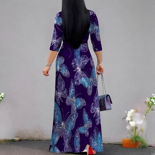 Image of Plus Size Dresses for Women Print Maxi Dresses 3 /4 Sleeve with Belt