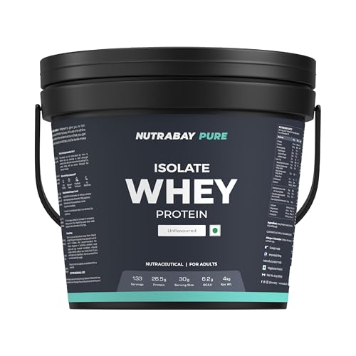 Image of Nutrabay Pure 100% Clean & Authentic Whey Protein Isolate Powder 26.5g Protein, 6.2g BCAA per Serving, NABL Lab Tested - Muscle Growth & Recovery - 4kg, Unflavoured