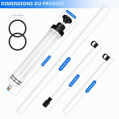 QOUBNIC 500ML Seringue d'Aspiration de l'huile, Injecteur Extracteur avec supplémentaire de 100M et un 2 Tuyaux Seringue a Huile Une Paire D'anneaux en Caoutchouc de Rechange Huile Aspiration Seringue – vue 2
