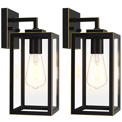 Image of Outdoor Wall Light Fixtures, Outdoor Lights for House, 2-Pack, 12 In, E26 | Black Exterior Wall Lanterns with Tempered Glass for Front Porch, Garage, Patio, Outside Wall Sconces, Gold Trim, Anti-Rust
