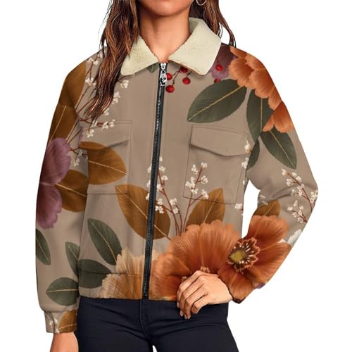 Sweat Polaire Femme Fleurs et Feuilles Marron Veste Chaude Zippée