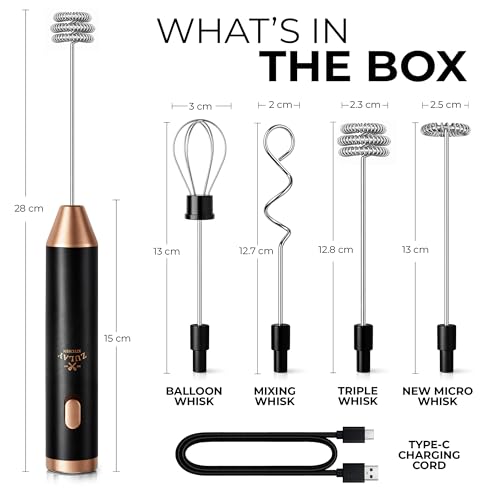 Image of Zulay Kitchen Rechargeable Milk Frother Handheld - Frother Wand, Drink Mixer, Electric Whisk Frother, for Cappuccinos, Matcha & Protein Powder - Ultra Metal 3 Whisk, 1800mAh Black Copper