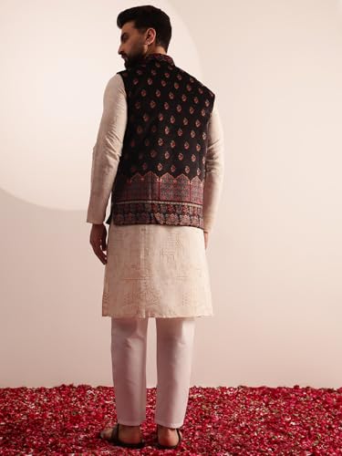 Image of SOJANYA Men's Cotton Silk Cream Kurta & White Pyjama With Velvet Paisley Design Nehru Jacket