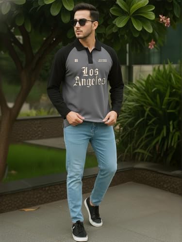 Image of Veirdo Men's Oversized Loopknit Cotton Zipper Polo Neck T-Shirt | Oversized Baggy Fit Full Sleeve Casual Streetwear Top Sizes: S-XXL
