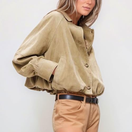 Xunger Women's Faux Suede Button Jacket Oversized Gathered Hem Short Length Coat Casual Vintage Outerwear with Pockets3