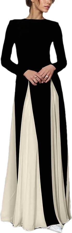 Womens Black&White Maxi Dress Long Sleeve Crewneck Long Dress Color Block  Flowy Aline Dress with Large Hemlines (US, Alpha, Small, Regular, Regular,  Black/Apricot) at Amazon Women's Clothing store