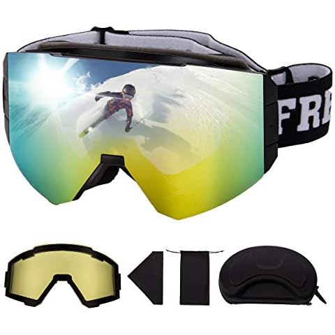 FREE SOLDIER OTG Ski Goggles for Men, Women & Youth Outdoor Snowboard Goggles with Different Shapes & Detachable Magnetic Lens(Golden 6.8% VLT/Night Vision Yellow 82.5% VLT) Cover