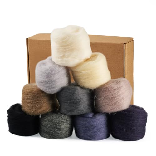 Image of Magibeasd 1.76 oz Wool Roving for Needle Felting Nature Wool Yarn Kit Variety Black Gray for Beginners Felted Crafts DIY Materials Hand Spinning Supplies 10 Colors