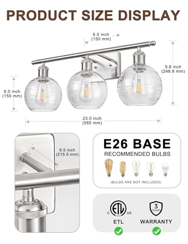 Image of DORESshop 3-Light Bathroom Vanity Light Over Mirror, 24 Inch Brushed Nickel Bathroom Light Fixtures with Clear Glass Globe Shade, Modern Vanity Lights for Bathroom, Mirror, Living Room, Bedroom