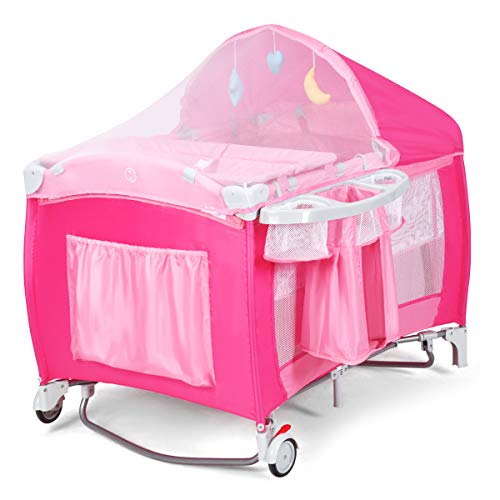 Image of Costzon 4 in 1 Pink Pack and Play with Bassinet, Portable Baby Playard with Adjustable Canopy, Side Zipper Entrance, Music Box, Wheels/Brake, Foldable Infant Pink Bassinet for Baby Girl Toddlers
