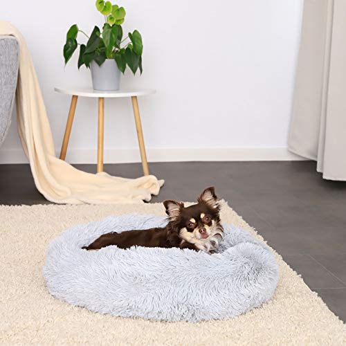 lionto Donutbett für Hunde und Katzen, Flauschiges Hundebett rund für kleine und große Heimtiere, Ø 50 cm, weiches Katzenbett aus kuscheligem Plüsch, Hundekissen mit extra Dicker Füllung, hellgrau