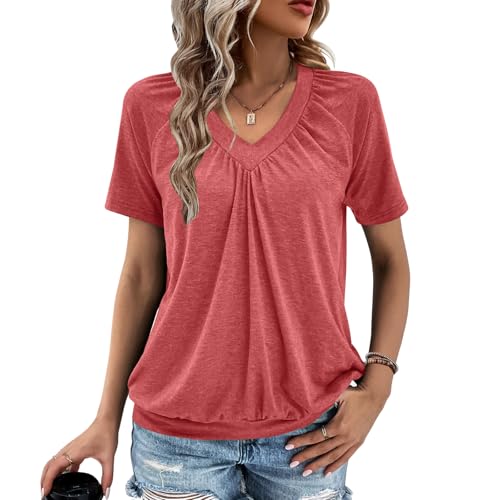 Summer Tops for Women 2025 Shorts Sleeve Womens Tops,V Neck Soft Casual Loose Fit Ruched Top T Shirts Tee Clothes