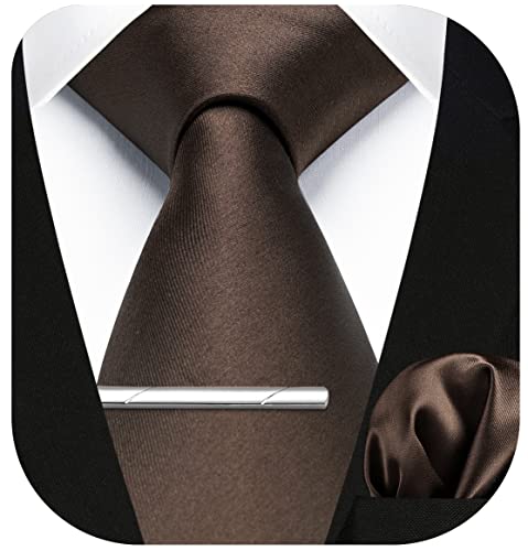 HISDERN Cravate et pochette carrée avec pinces à cravate pour homme - Couleur unie, Marron foncé - 1, taille unique