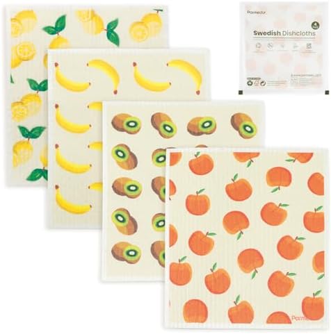 Parmedu Swedish Dishcloths 4-Pack, Reusable, Absorbent and Quick-Drying Kitchen Towels, Environmentally Friendly Dish Towels Biodegradable Cleaning Wipes, Fruit Pattern, TD003