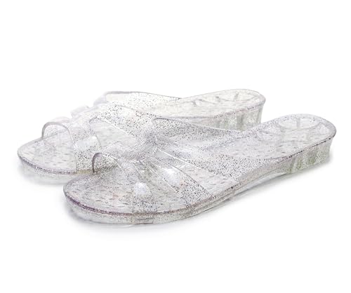 Image of Womens Jelly Shoes, White Jellies Sandals Glitter Clear Flats Slip On Summer Beach Slippers Transparent Closed Toe Soft Slide
