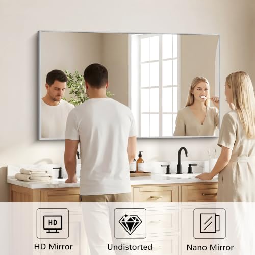 Image of DESBING 30 inch x 50 inch Bathroom Mirror, Silver Metal Frame Wall Mirror | HD Image,Shatterproof Decorative Rectangular Vanity Mirror for Bedroom Bathroom Living Room Entryway Horizontal or Vertical