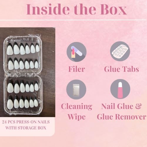 Image of 24 Pcs Press On Nails Kit For Women | Classic White Black French Tip Artificial Nail Almond Shape Manicure Set | Glossy Reusable False Nails Includes Nail Glue, Glue Tabs, Wipe, Filer, Cuticle Pusher and Storage Box