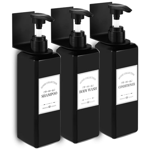 Vyuwast Shampoo and Conditioner Dispenser, 3 Pack 500ml Wall Mounted Shampoo and Body Wash Dispenser Holder with Pump No Drill Shower Gel Soap Bottle Dispenser with Waterproof Labels for Home Bathroom