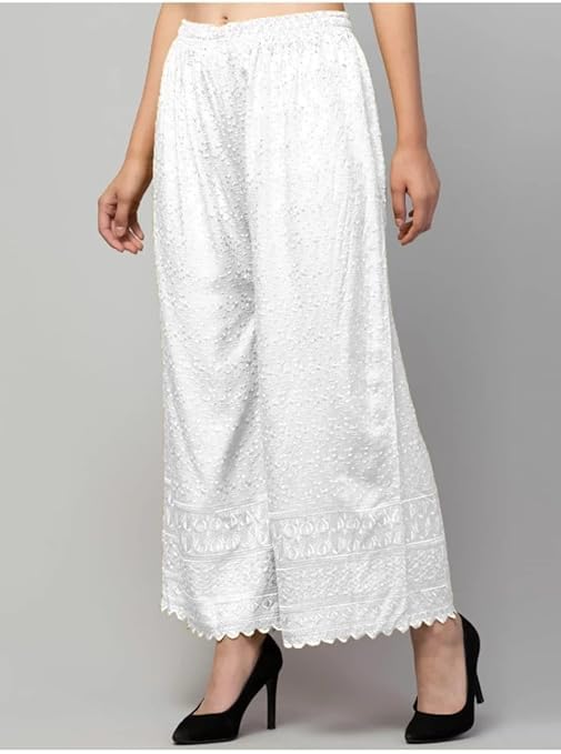 Image of Women's Palazzo Pants Rayon Trousers Chikankari Embroidered Lace Trim Wide Leg Straight Fit Flared Palazzo for Girls & Women