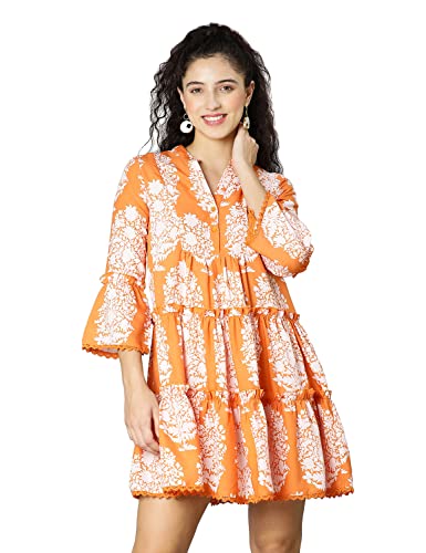 Image of oxolloxo Women Viscose Flared Regular Sleeves Floral Blue Casual Dress
