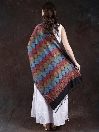 Black-Onyx Rayon Stole from Punjab with Woven Multicolor Parsi Design4