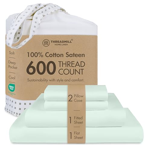 Threadmill Full Size Sheets | 600 Thread Count Bed Sheets Set with 16 Deep Pocket for Full Size Mattress | Sateen Weave 4-Piece Bedding Set with Cooling Effect | Seaglass