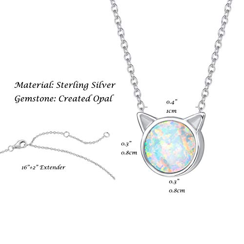 FANCIME Sterling Silver White Created Opal Cute Cat Pendant Necklace Small Dot Round Disc Fine Jewelry For Women 16+2 inch Extender4