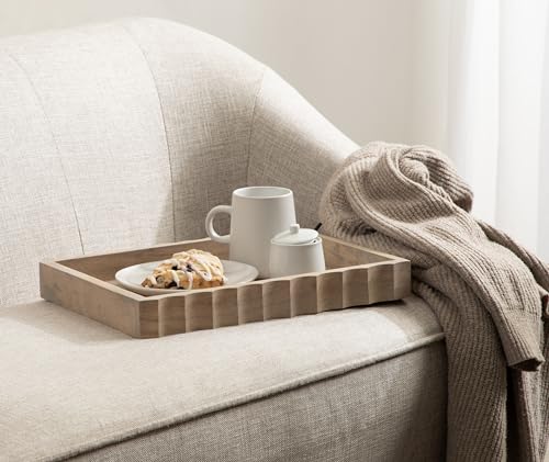 Kate and Laurel Lissi Decorative Rectangle Tray with Wavy Design; 16 x 12; Natural Wood; Modern Scalloped Serving Tray for Coffee Table Ottoman; Dining Table; or Entryway Catch-All Tray by Kate and Laurel - Used condition - Image 3