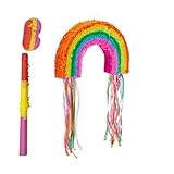 Relaxdays Pinata Regenbogen, mit Stab & Maske, Partypinata Kinder, Geburtstag, zum Befüllen, HxBxT: 35 x 53 x 9 cm, bunt