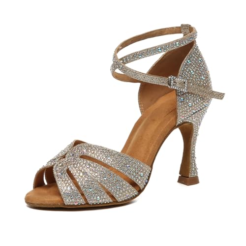 YCALCP Women Latin Dance Shoes Rhinestone Glitter Open Toe Bachata Ballroom Salsa Performance Dancing Shoes,YCL630-Champagne-8.5-5059,US 6