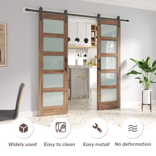 Image of FREDBECK 56 x 84 inch Frosted Glass Barn Door with Hardware,5-Panel,Brown