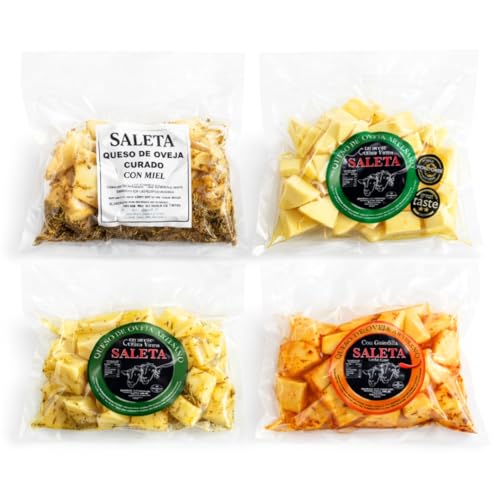 SALETA® Lote de Quesos | Surtido de 4 Bolsas de Queso PreCortado Curado de Oveja en Aceite de Oliva Virgen, con Romero, Miel y Guindilla | Quesos Artesanos de La Mancha | Pack 'Degustación' 1 Kg