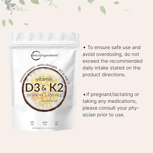 Image of Micro Ingredients Vitamin D3 10,000 IU + K2 MK-7 200 mcg, 300 Softgels with Virgin Coconut Oil | 2-in-1 Vitamins D & K Complex | Extra Strength, Easy to Swallow, Non-GMO, Gluten Free