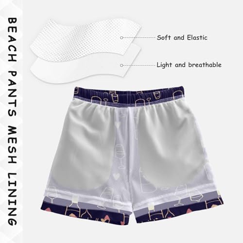 Boys Swim Trunks Quick Dry Valentines Wine Cup Beach Board Shorts with Mesh Lining Youth Swimwear 2-12T4