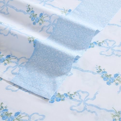 Image of Laura Ashley - Queen Size Sheet Set, Crisp & Lightweight Cotton Percale Bedding with Fitted Sheet and Pillowcases, Floral Room Decor, Deep Pocket, College Dorm Room Essentials (Floral Ribbon Blue)