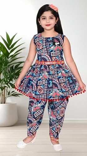 Image of Girls Ethnic Kurti and Dhoti Pant Set - Sleeveless Printed Outfit with Pom-Pom Hem | Dress for Kids