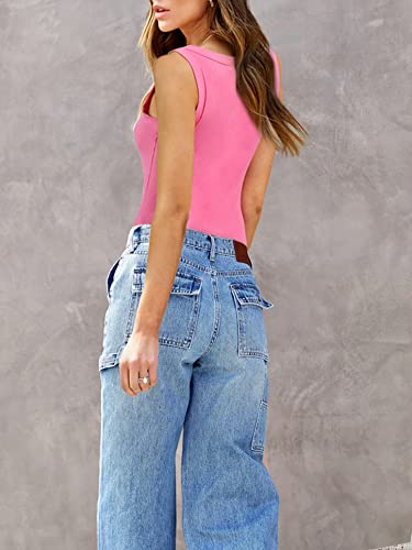 Hooklzo Ribbed Tank Top For Women Summer Fitted Basic Cami Sleeveless Tops Scoop Neck Shirt S Pink #TOP4