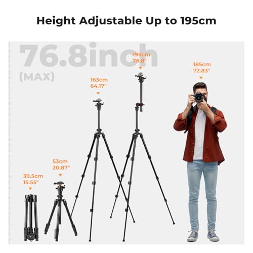 K&F Concept 76 inch Camera Tripod with Rotatable Multi-Angle Center Column,Lightweight Travel Outdoor DSLR Tripods with 360 Degree Ball Head Load Capacity 8kg/17.6lbs, Cellphone Clips for Smartphone