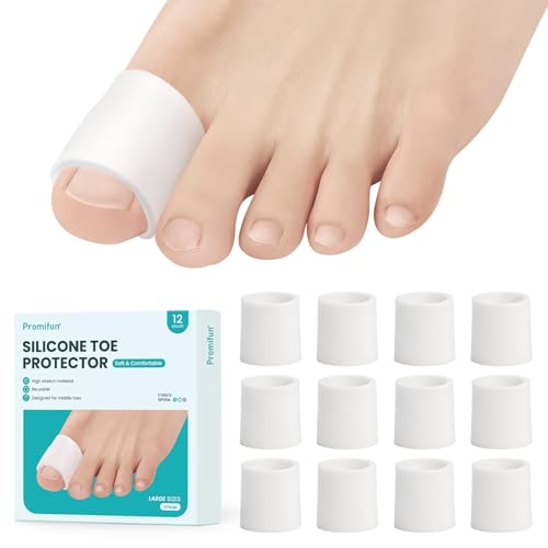 Image of Promifun Silicone Toe Protectors - 12 Pack Silicone Toe Sleeve for Hammer Toes, Corns, Calluses, Blisters - Soft Gel Toe Tube Pads for Pain Relief(Large Sizes, White)