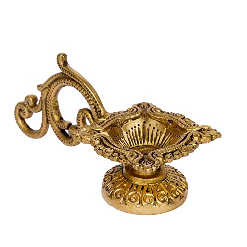 Image of eCraftIndia Ethnic Carved Brass Diya with 4 Wicks for Pooja Room and Temple, Gold, One Size (BDP504)