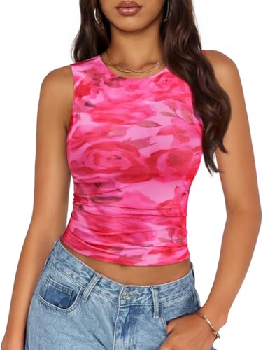 ZESICA Womens 2026 Summer Sleeveless Floral Tank Tops Mesh Y2K Crop Going Out Outfits Beach Vacation Trendy Clothes Rose Medium