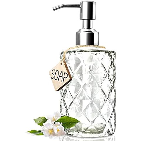JASAI Diamond Design Glass Soap Dispenser with Pump 304 Stainless Steel Bathroom Soap Dispenser for Hand Soap, Soap, Lotion (Transparent) Cover