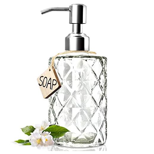 JASAI Diamond Design 12 Oz Glass Soap Dispenser, Kitchen Soap Dispenser with 304 Rust Proof Stainless Steel Pump, Bathroom Soap Dispenser for Hand Soap, Soap, Lotion(Clear)