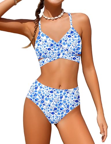 Image of Girls Swimsuit Bikini Set,Criss Cross Bathing Suits for Girl Two Piece Solid Color Girls' Swimwear for 7-16 Years