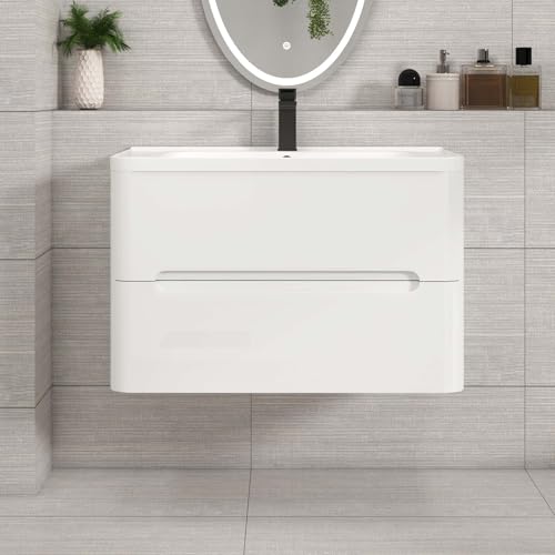 Venice 800mm Wall Hung Bathroom Vanity Unit With Basin | 1 Tap Hole Ceramic Bathroom Sink | Gloss White Finish | Soft Close Drawer Storage Cabinet