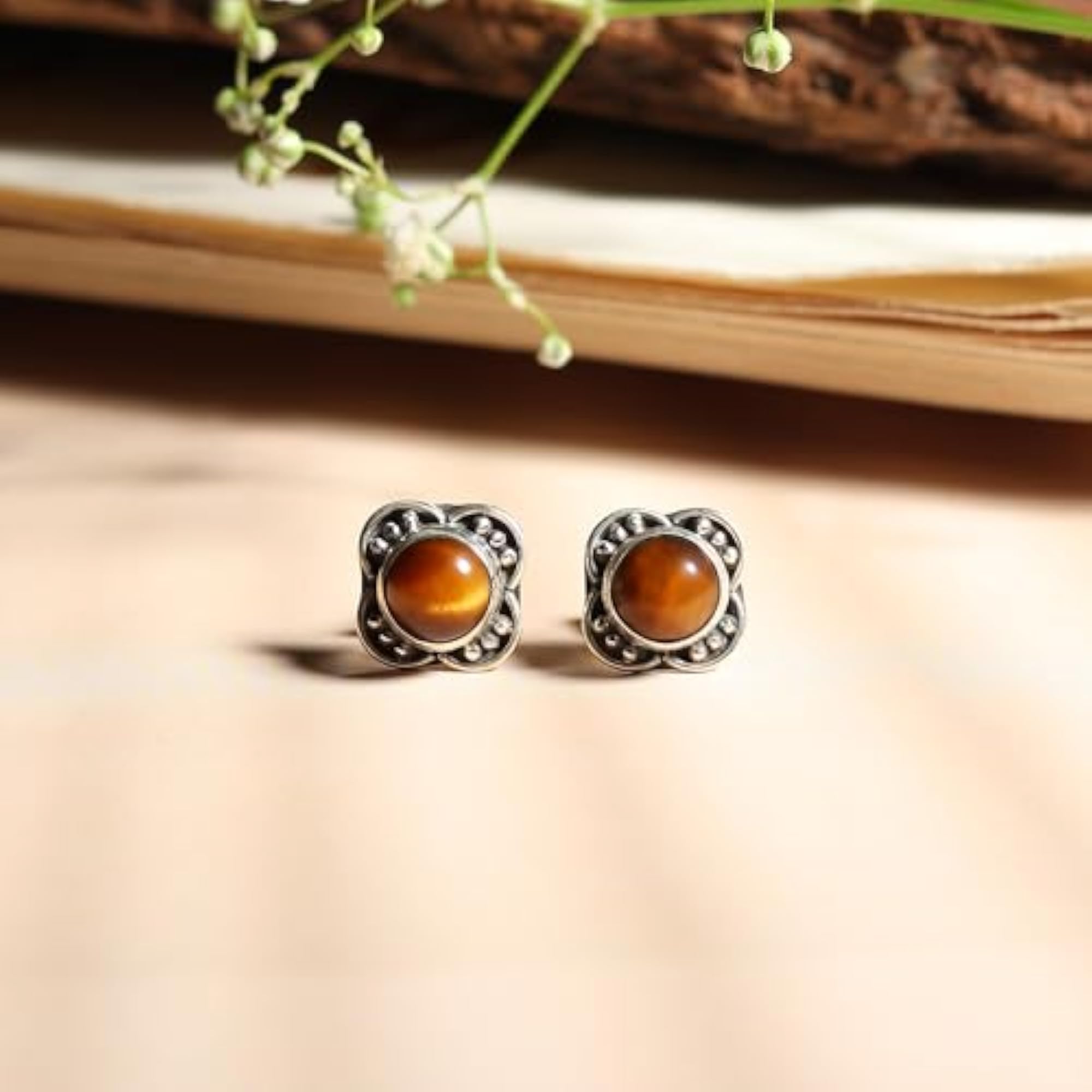 Men's Tiger's Eye Stud Earrings, Natural Gemstone