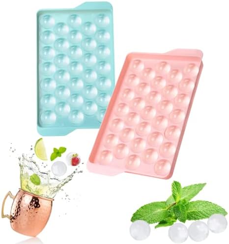 Small Circle Ice Cube Mold with Lid, 2 Pack Ice Ball Maker Mold Making 66PCS Sphere Ice Release Easily Stackable Mini Round Ice Cube Tray Chill Cocktail Whiskey Juice (Blue & Pink)
