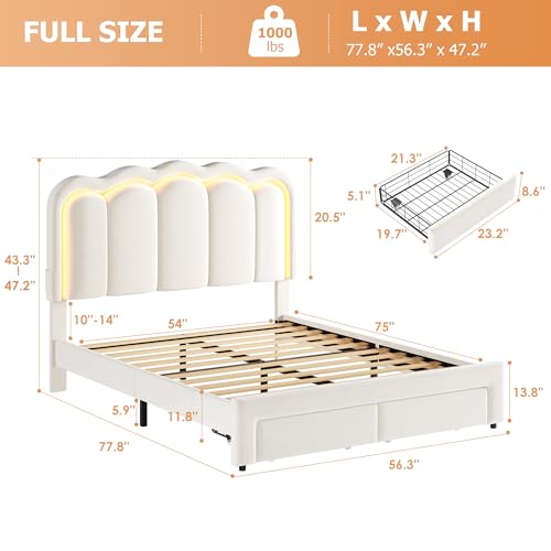 Full Upholstered LED Bed Frame with 2 Storage Drawers and Adjustable Chic Double Wavy Headboard, Velvet Princess Platform Bed with Charing Station, Solid Wood Slats Support,No Box Spring Needed,Beige - Thumbnail 2