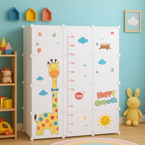 Image of Little Olive Plastic Wardrobe with Growth Chart | Modular Cartoon Giraffe Storage Cabinet for Kids Room | Spacious Multi Cube Organizer for Toys and Clothes | Matte White Nursery Furniture