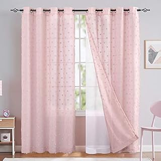 jinchan Pink Sheer Curtains for Living Room Grommet Embroidered with Pom Pom Design